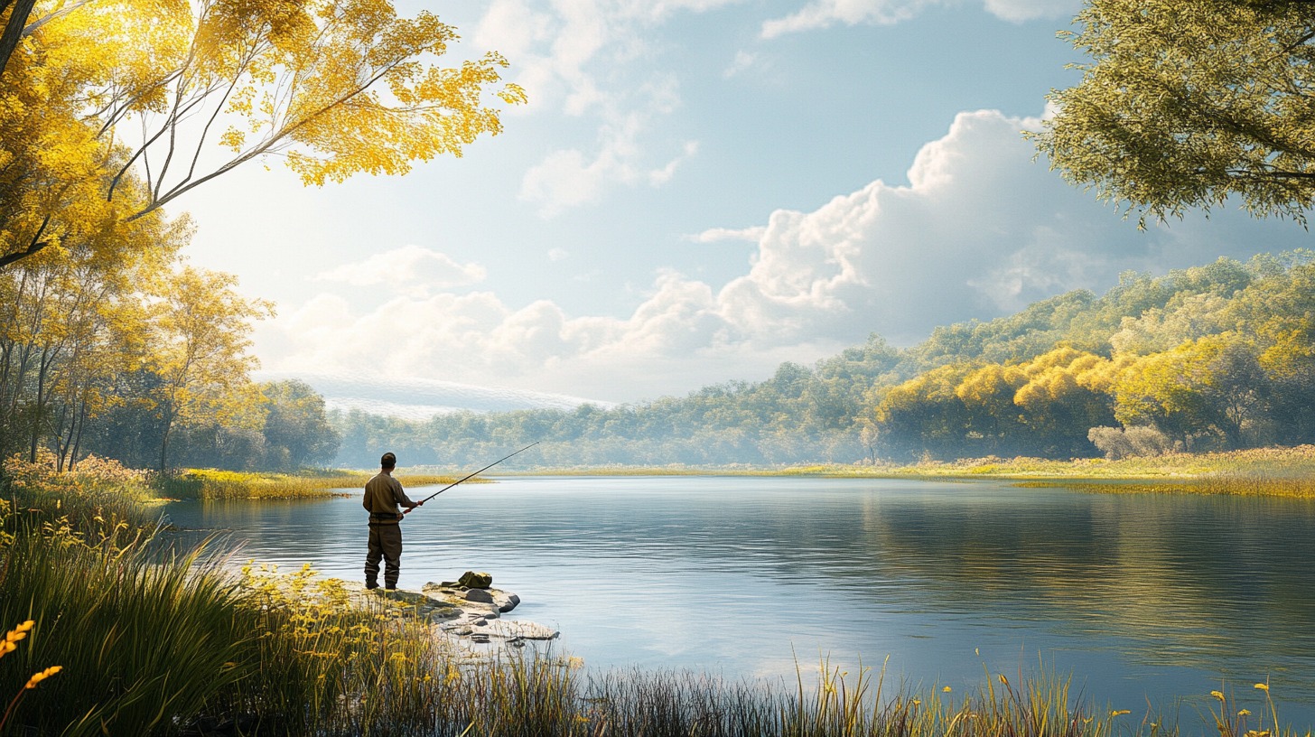 Man fishing on the serene shore of a peaceful lake surrounded by lush greenery and sunlight