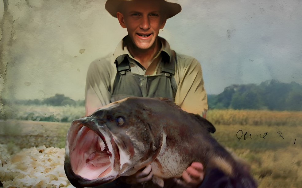 George Perry with the largest bass catch ever, colorized photo