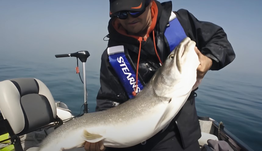 Large trout is held by a fisherman in a boat