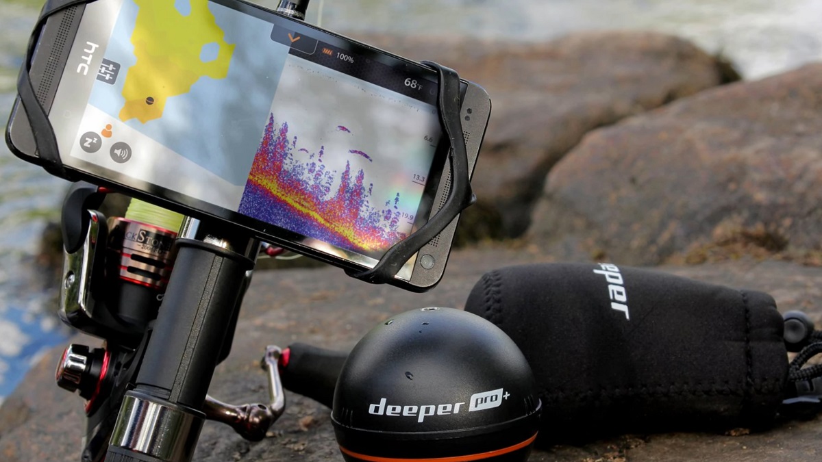 A smartphone mounted on a fishing rod