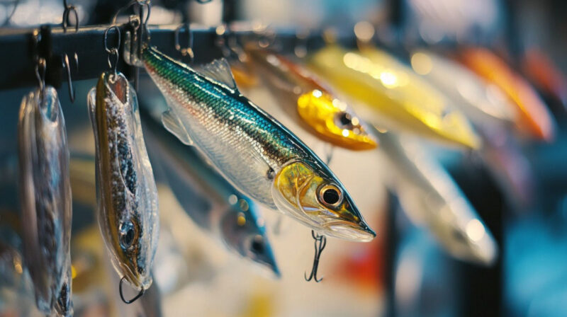 Assorted artificial fishing lures resembling baitfish hanging on display hooks