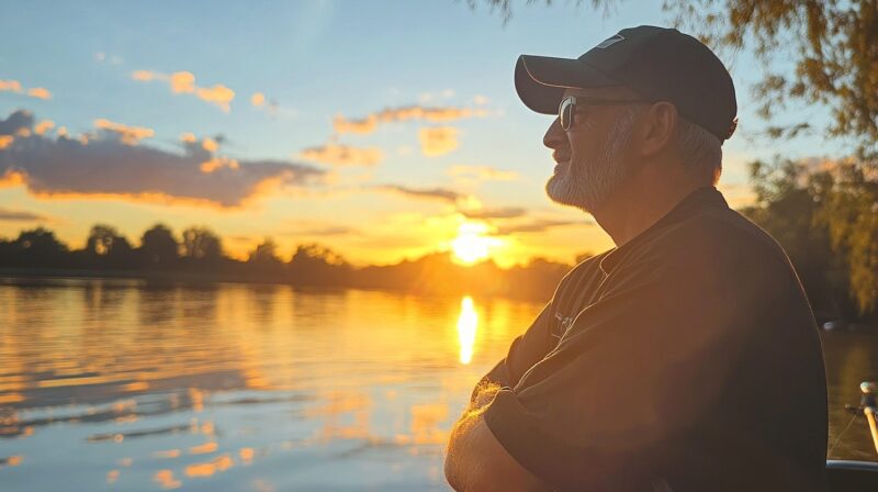 Man standing near a lake at sunset, enjoying the view with arms crossed