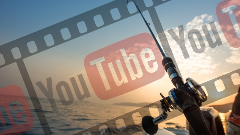 Fishing rod at sunset with a YouTube overlay, symbolizing the rise of YouTube fishing channels