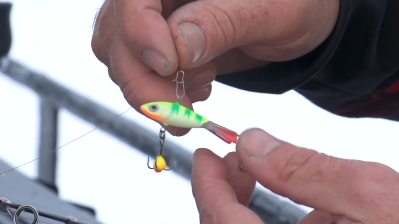 A Custom Jigs & Spins Rotating Power Minnow (RPM) bait ready for ice fishing crappie