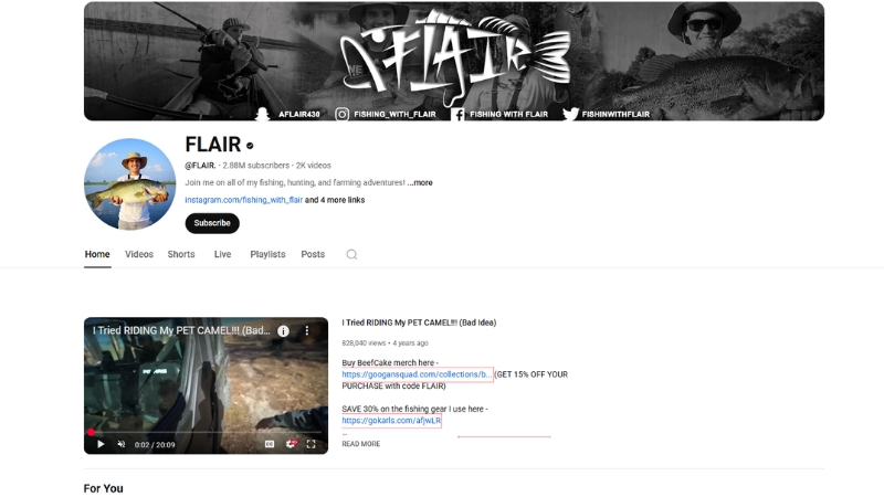 Screenshot of FLAIR’s YouTube channel showing 2.88M subscribers and a mix of fishing, hunting, and farming videos