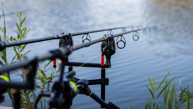 A fishing rod setup near the water, ready for a day of fishing
