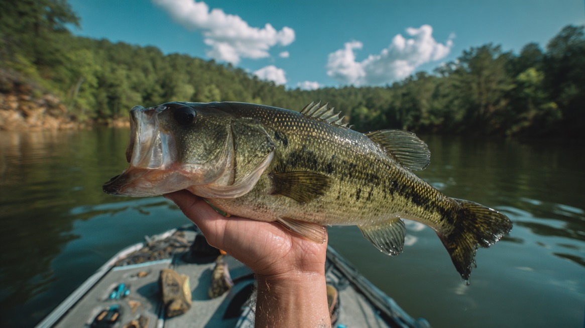 Person holding a largemouth bass with a lake and forest in the background