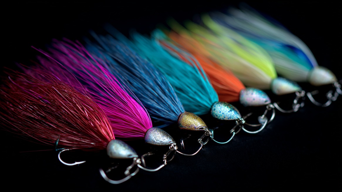 Colorful fishing lures arranged in a row on a dark background