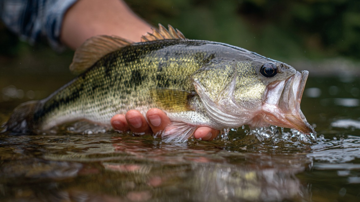 Angler releasing a largemouth bass back into the water