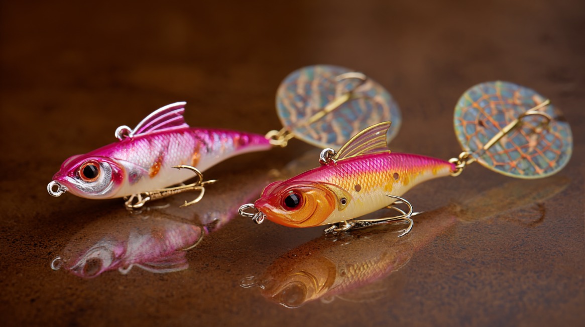 Colorful spinnerbaits and swimbaits with hooks on a reflective surface