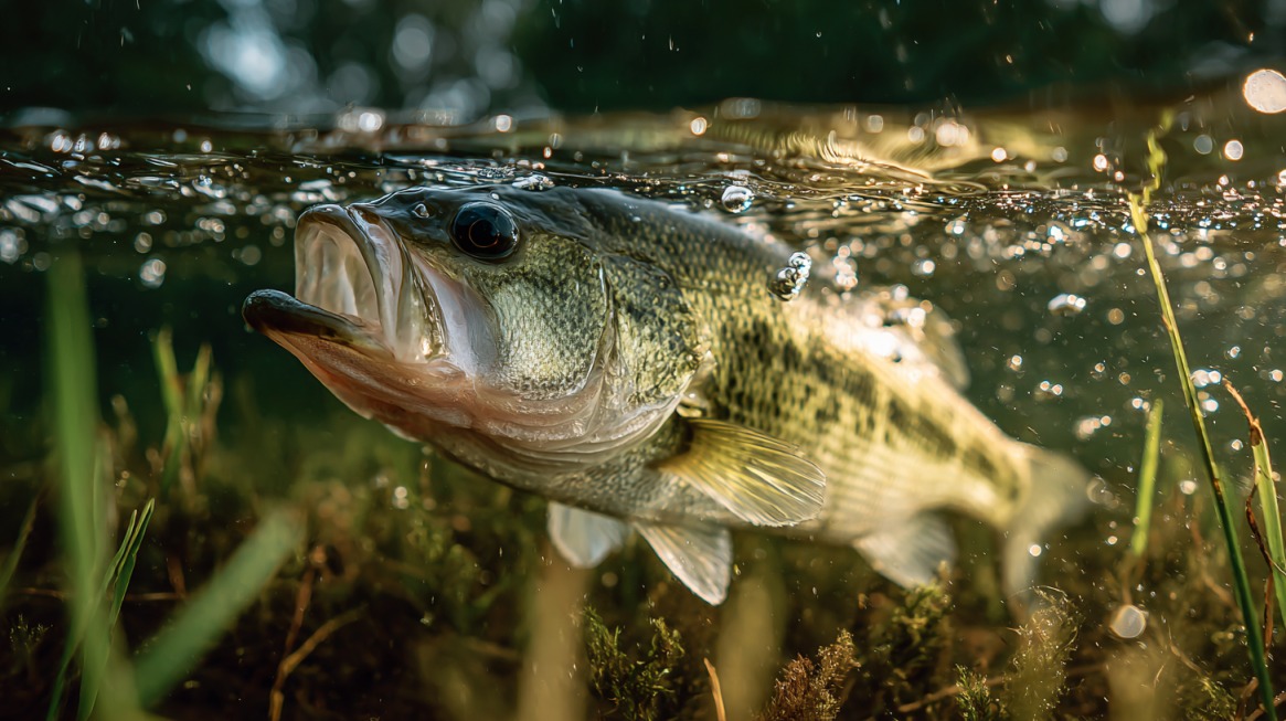 Largemouth bass underwater near grass in daylight