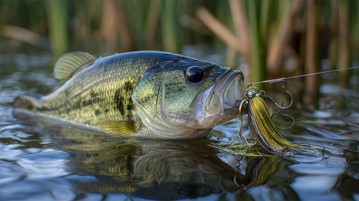 Largemouth bass caught on a topwater lure near aquatic vegetation