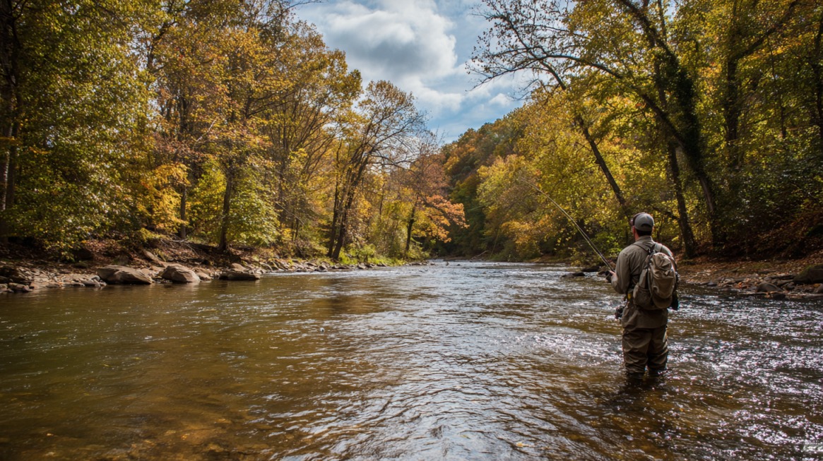 A person wearing fishing gear stands in a shallow river surrounded by autumn trees, fly fishing under a partly cloudy sky