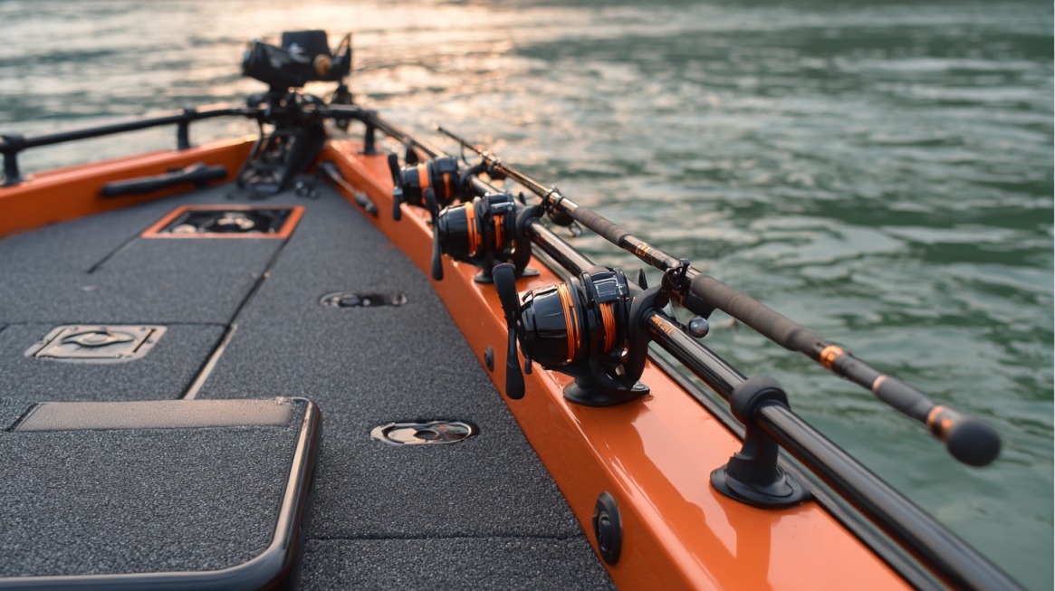 Fishing rods with reels secured in mounted holders on the side of an orange boat floating on a calm body of water