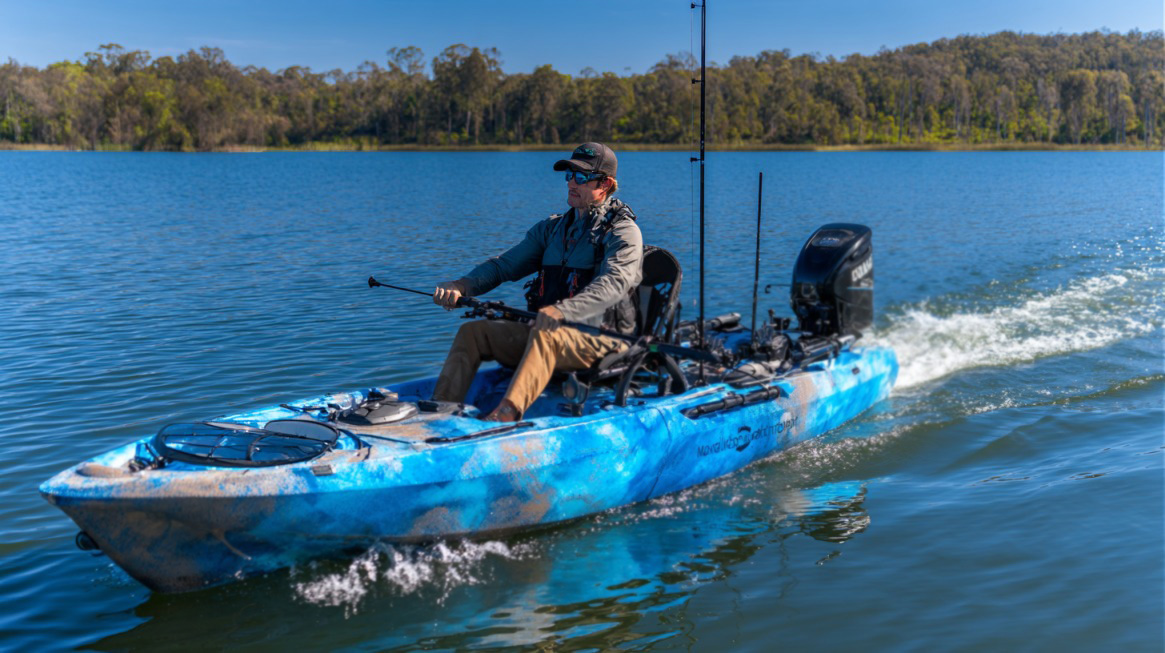 Man riding a blue motorized fishing kayak on a calm lake with fishing rods onboard