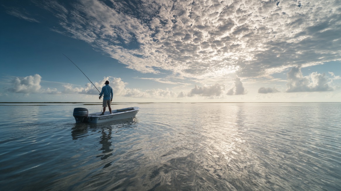 Man fishing from a small boat on calm ocean waters at sunrise