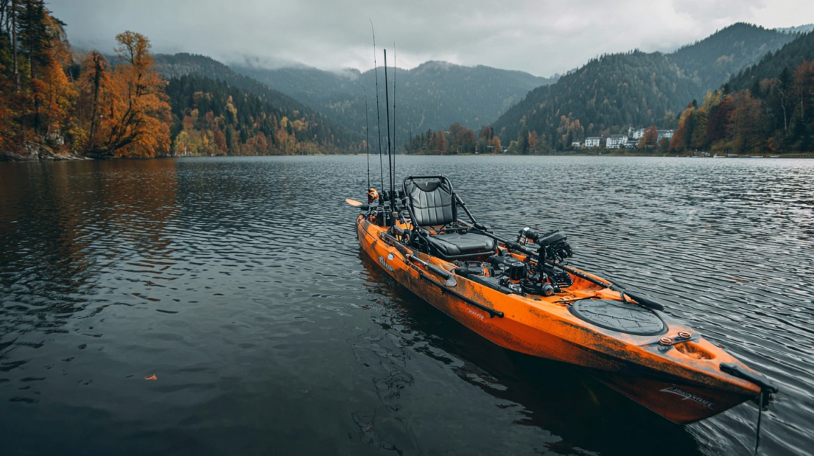 Orange fishing kayak on a calm mountain lake surrounded by autumn trees
