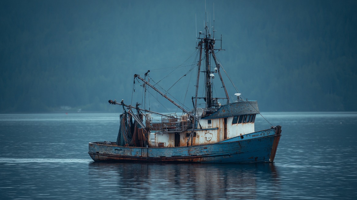 A weathered blue and white commercial fishing trawler floating on calm water with forested hills in the background