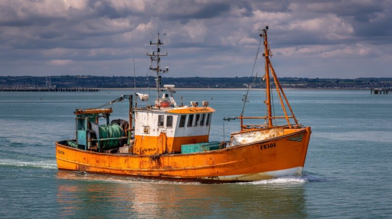 An orange commercial trawler fishing boat moving through calm coastal waters under a cloudy sky