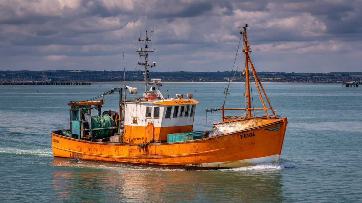 An orange commercial trawler fishing boat moving through calm coastal waters under a cloudy sky