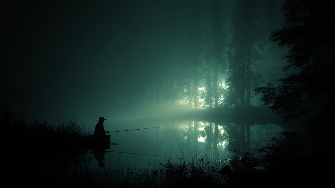 Silhouette of a person fishing at night by a calm, reflective lake surrounded by tall trees and mist