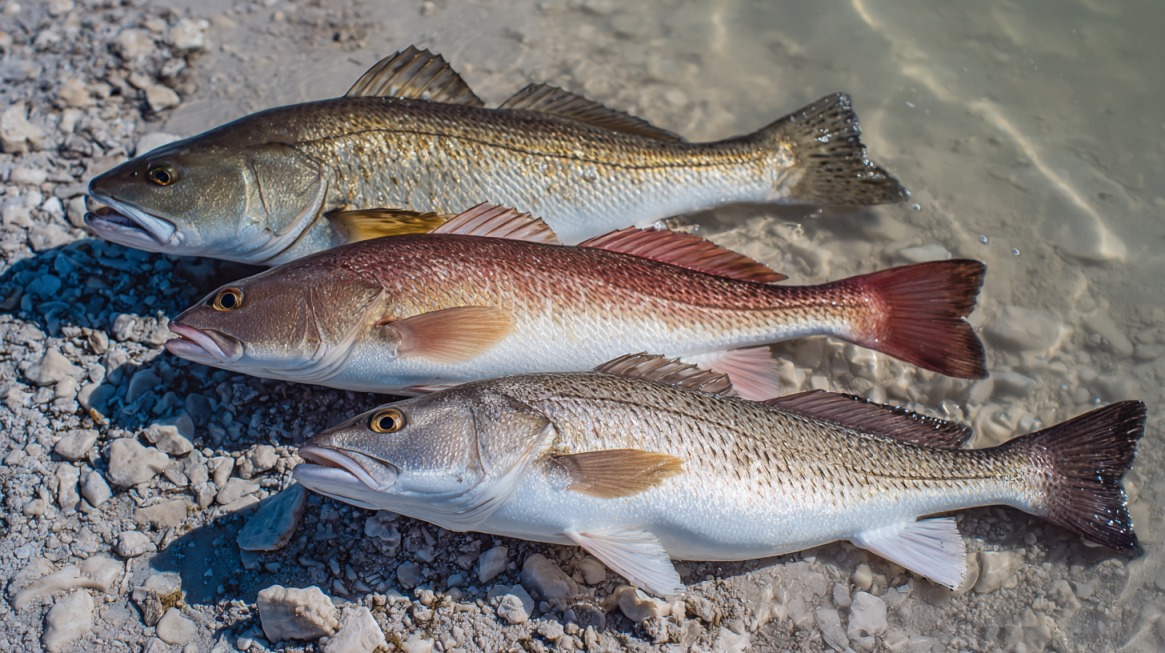 Three freshly caught redfish lying on rocky shoreline by the water
