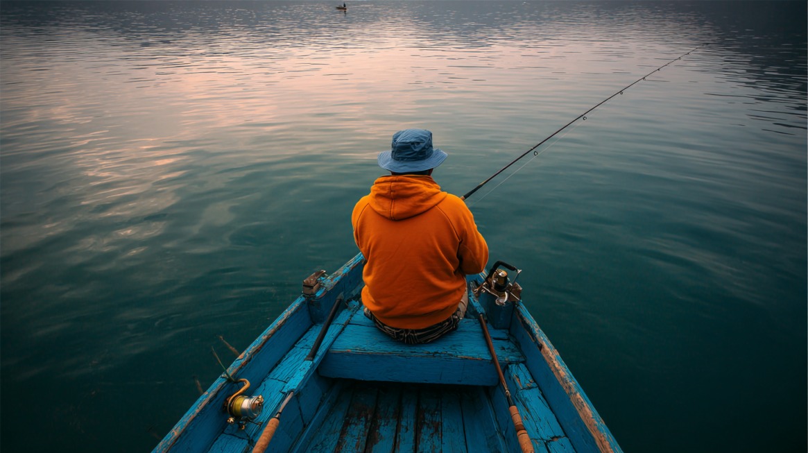 A person in an orange hoodie and blue hat sits alone in a small blue boat on calm water, fishing at sunset with rods resting around them