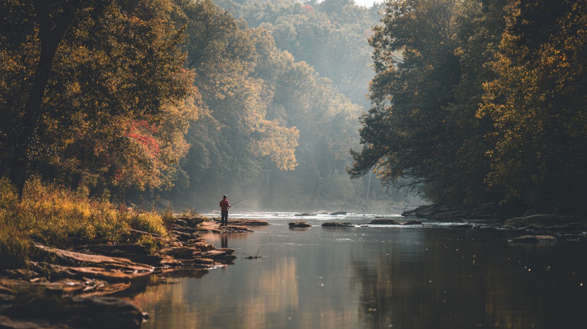 A person in a red shirt fishing from a rocky riverbank surrounded by dense autumn trees under soft morning light