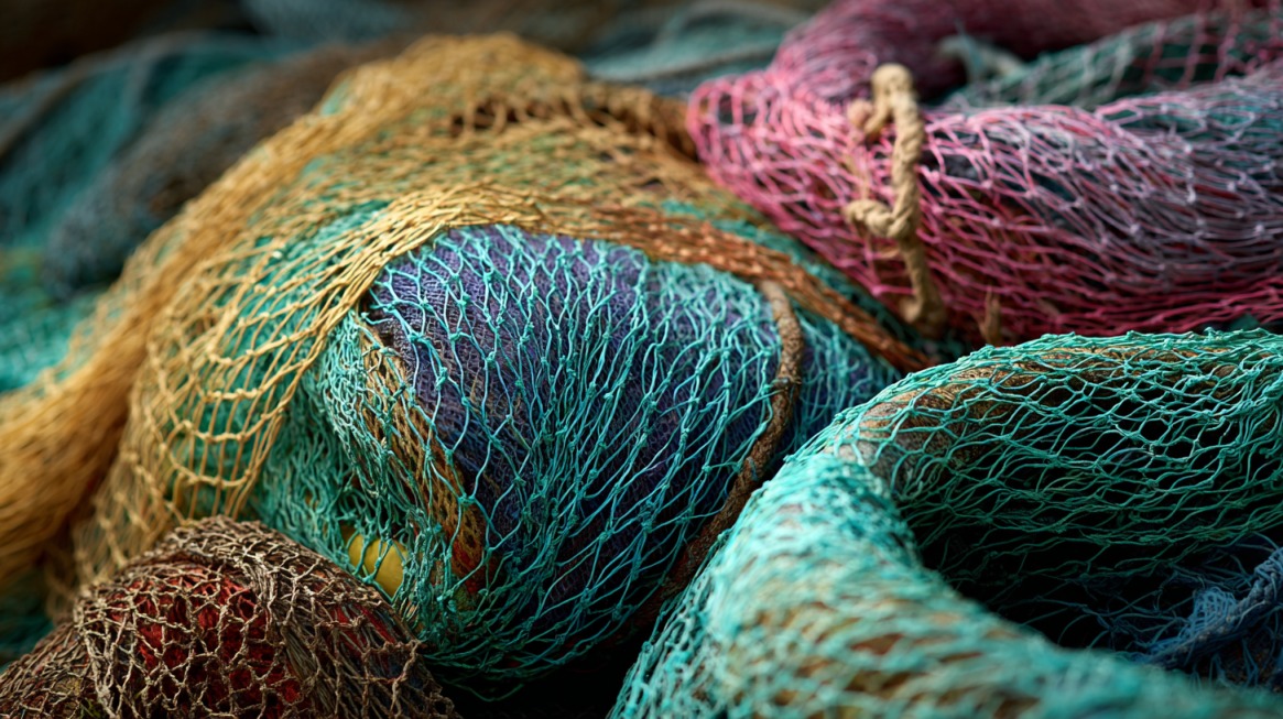 Close-up of colorful, coiled fishing nets made from different materials