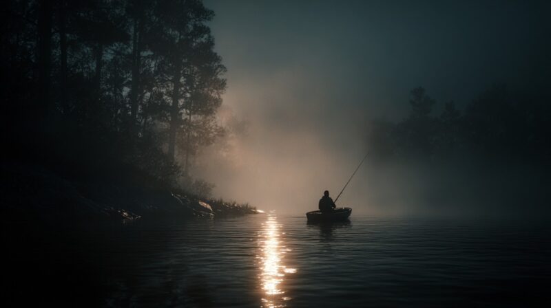 A lone person night fishing in a small boat on a calm lake, surrounded by mist and trees, with moonlight reflecting on the water