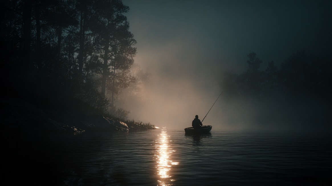 A lone person night fishing in a small boat on a calm lake, surrounded by mist and trees, with moonlight reflecting on the water