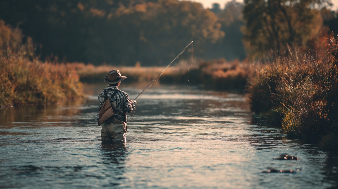 An angler wearing a hat and waders stands midstream in a tranquil river, surrounded by fall foliage, fly fishing with a rod