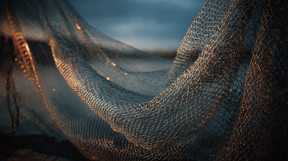 Close-up of a fishing net hanging with soft light reflecting off the mesh