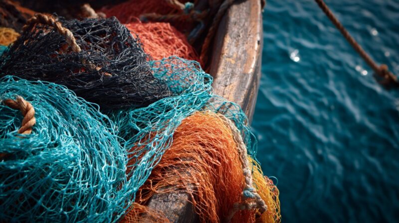 Colorful fishing nets piled on the edge of a wooden boat with blue ocean water in the background