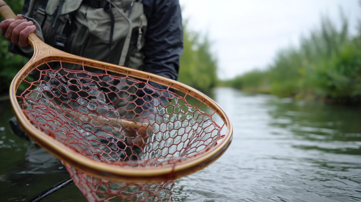 Angler holding a wooden fishing net with a fish inside, standing in a river
