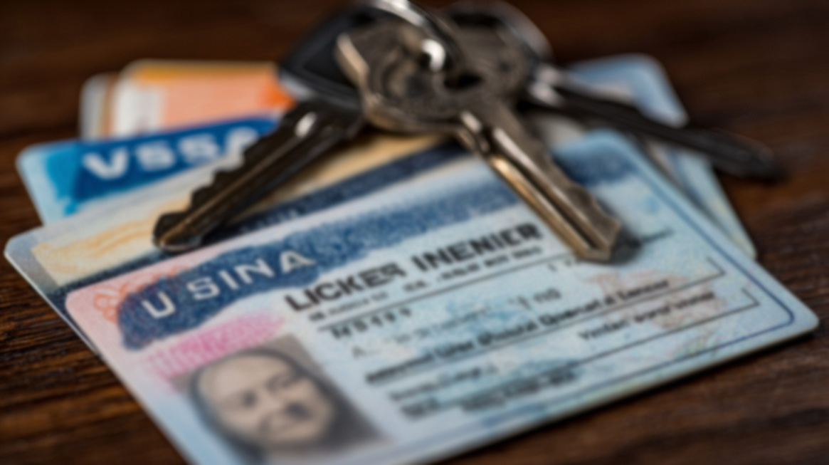 Close-up of car keys resting on a stack of ID cards, including a driver's license