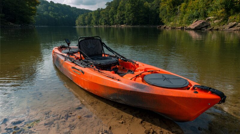 Orange fishing kayak equipped with gear on a quiet lake shoreline