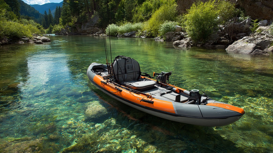 Inflatable fishing kayak floating on a clear, shallow lake surrounded by greenery