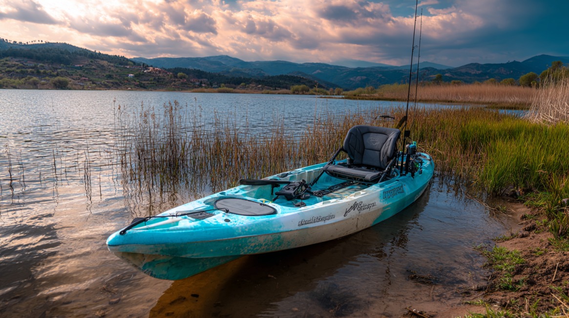 Fishing kayak with gear and rod holders on a calm lake shore