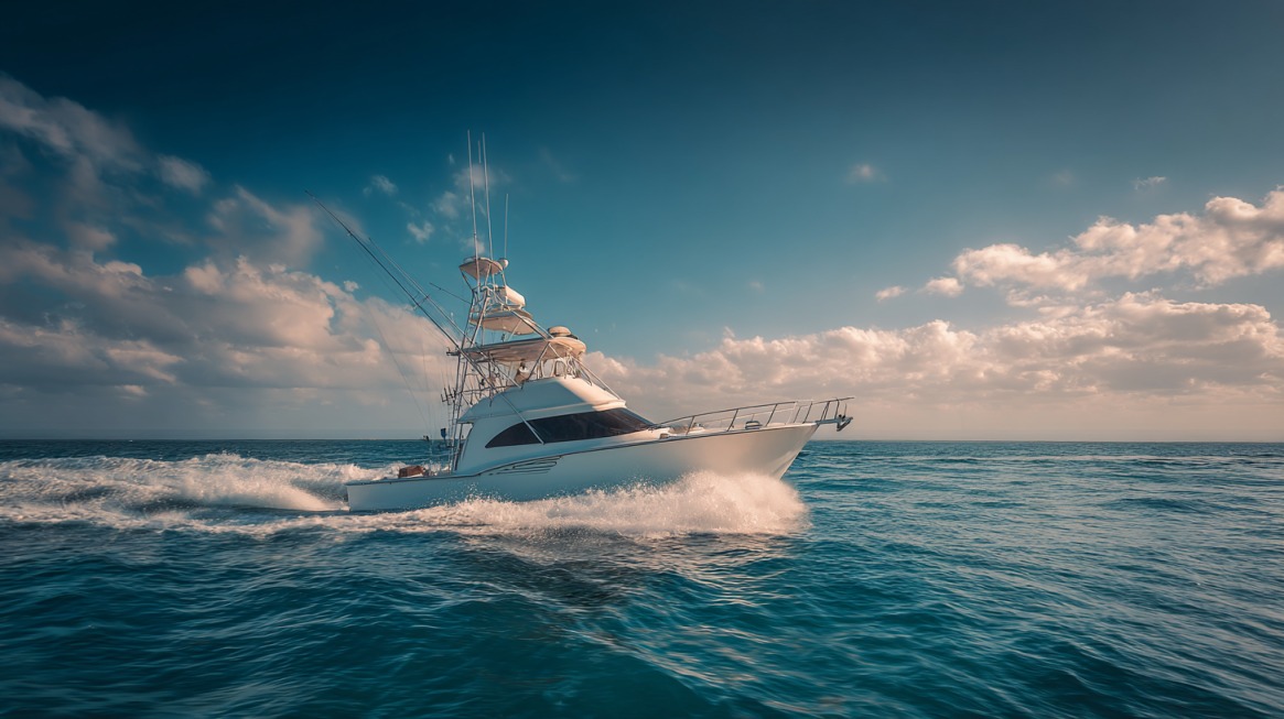 A white offshore fishing boat cruising at high speed on the ocean under a partly cloudy sky