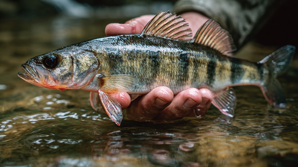 Close-up of a person holding a yellow perch above a shallow stream, with water droplets glistening on the fish