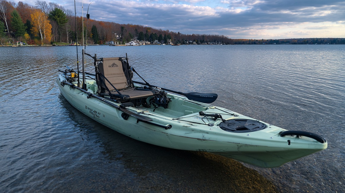 Fishing kayak with high-back adjustable seat and mounted gear, floating on a calm lake
