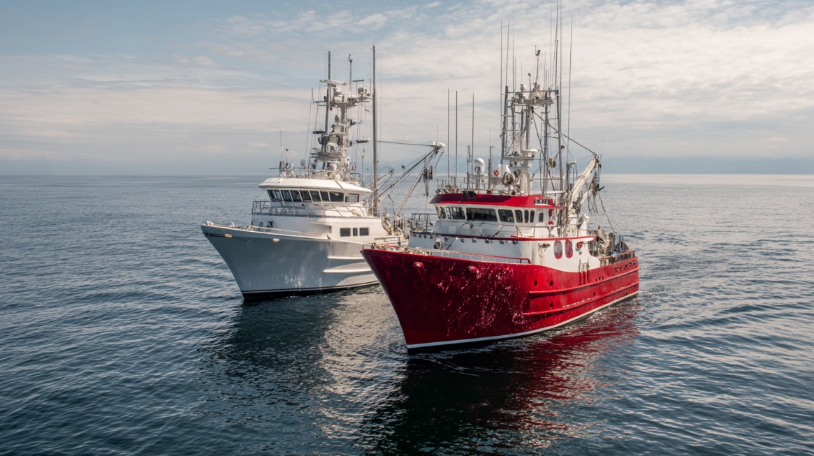 Two large, modern fishing vessels—one red, one white—float side by side in calm ocean waters under a lightly clouded sky