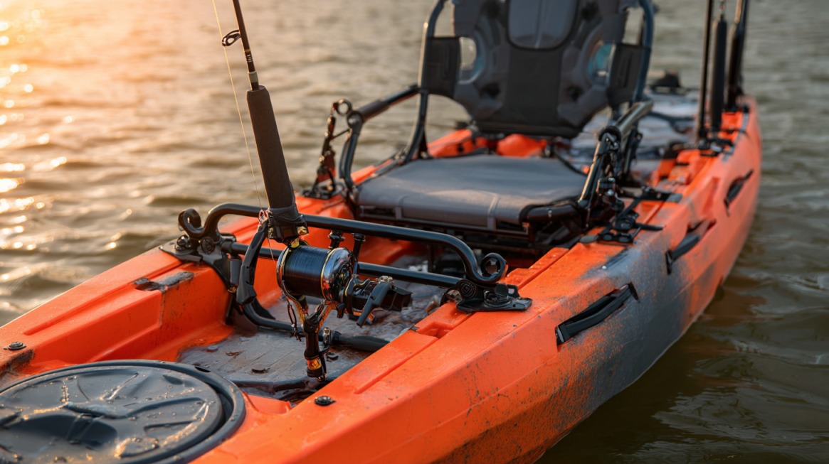 Close-up of a fishing rod mounted on a specialized holder attached to an orange kayak floating on the water