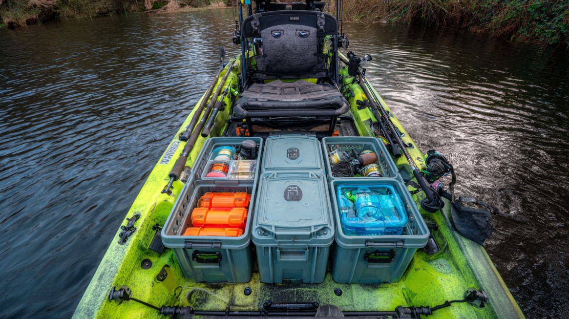 Fishing kayak deck packed with organized gear boxes and multiple rod holders