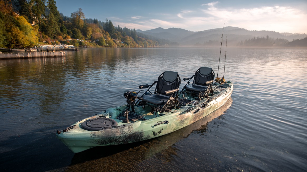 Tandem fishing kayak with two seats and fishing rods floating on a calm lake