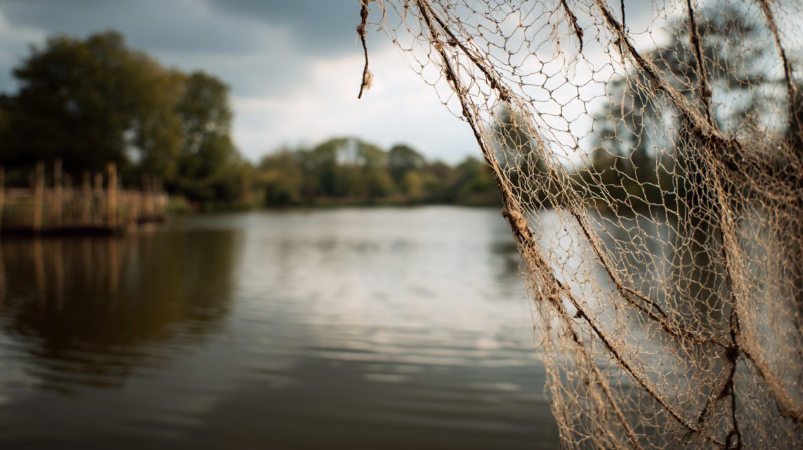 A worn fly fishing net hanging beside a calm lake with trees in the background