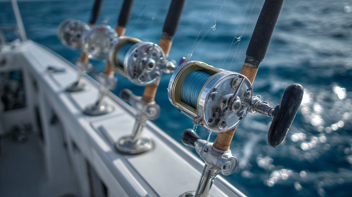 Close-up view of trolling rods with reels mounted in rod holders on the side of a boat above deep blue ocean water