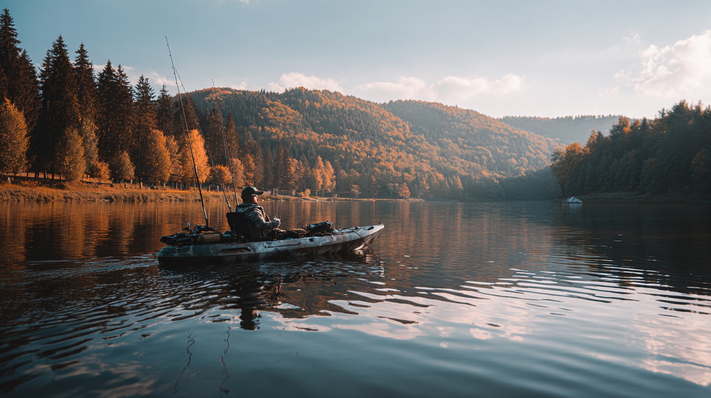 Angler in a paddle fishing kayak on a calm lake surrounded by autumn trees