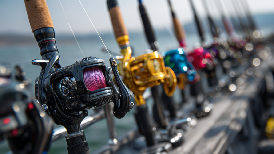 Close-up of various colorful fishing reels secured in individual rod holders on a boat